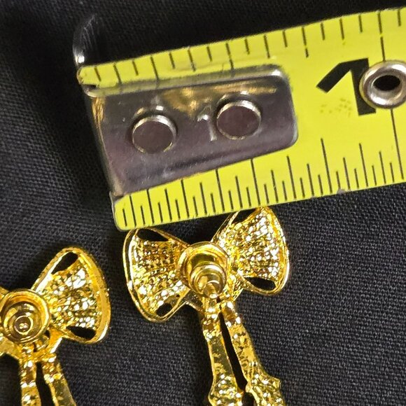 Gold Tone Rhinestone Bow Drop Earrings Sparkling Crystal Dangle Statement Glam - Picture 6 of 7